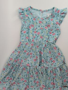 Tahari Light Blue Floral Tiered Dress with Ruffle Sleeves